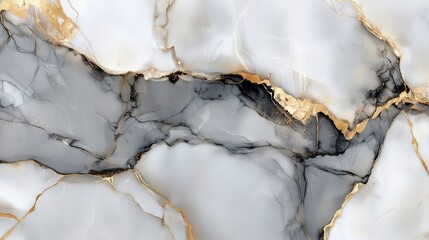 Elegant white marble texture with soft gray and black veining accented by subtle golden details creating a refined and luxurious abstract design