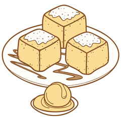 Fried Milk Cubes with Pudding Center and Sugar Dusting Isolated on Transparent Background. Perfect for: Dessert festivals, Sweet food fairs, Kids' birthday parties