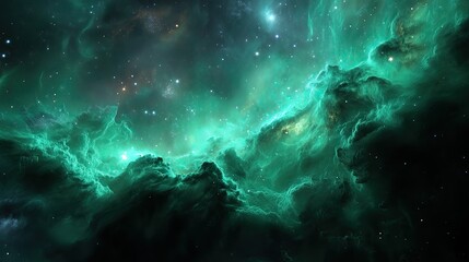 Green nebula in deep space with glowing stars and cosmic clouds creating a mysterious and vibrant astronomical background