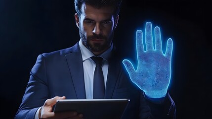 A focused businessman confronts a digital hand projection.