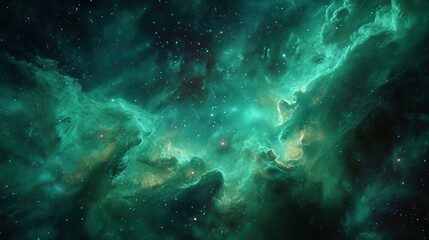Green nebula in deep space with glowing stars and cosmic clouds creating a mysterious and vibrant astronomical background