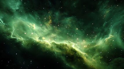 Green nebula in deep space with glowing stars and cosmic clouds creating a mysterious and vibrant astronomical background