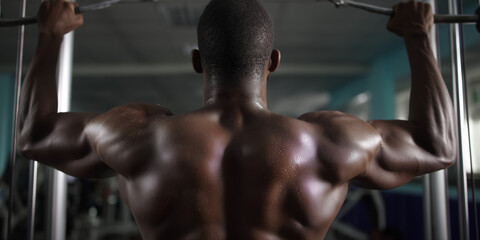 Powerful muscular back of a man during intense gym workout glistening with sweat dark tones