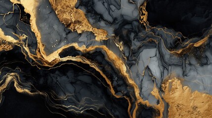 Obraz premium Luxurious black marble texture with bold golden veins and fluid patterns creating a dramatic and sophisticated abstract design