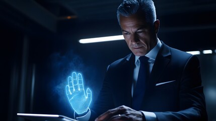Focused businessman interacts with a projected holographic hand.