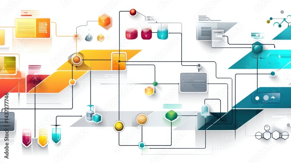 Leinwandbilder Stylized Flowchart Elements Designed for Infographics With Vibrant Colors and Unique Shapes on a Clean White Background