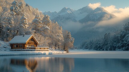 Fototapeta premium Snowy chalet by frozen lake