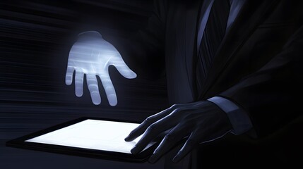 A  glowing, translucent hand hovering over a tablet computer.
