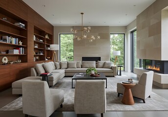 Fototapeta premium A living room featuring a large sectional sofa, a fireplace, and built in bookshelves and light fixture