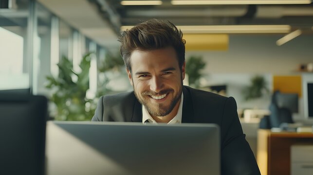Smiling professional man at computer in modern office space.