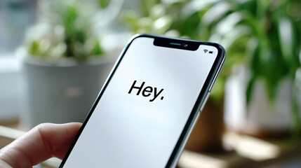 Smartphone displaying simple text message "Hey."  
