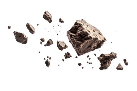 A group of asteroids breaking apart as they fly, with pieces crumbling off.