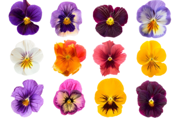 variety of edible flowers, including nasturtiums, pansies, and violets, arranged in a pattern, on a transparent background