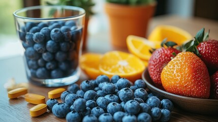 Fresh fruits and vitamins on a table. A glass of blueberries, orange slices, strawberries, and assorted pills are visible. Healthy eating concept