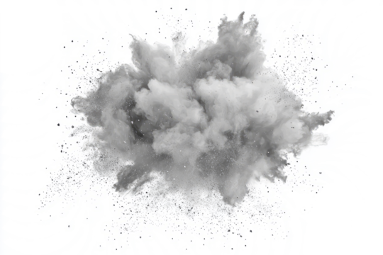A surreal explosion of soft dust particles, creating a swirling cloud effect with shades of gray on white.