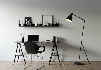 Minimalist workspace with black desk, chair, laptop, shelf, and floor lamp against a white wall