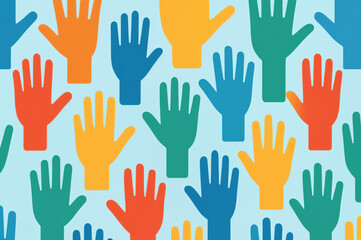 Obraz premium Pattern of colorful raised hands suitable for diversity, unity, teamwork, social causes, activism, equality, education, and advertising campaigns.