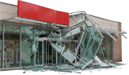 Store Front Damaged by Storm Shattered Glass Collapsed Canopy Building Exterior
