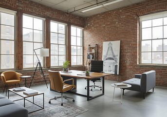 Interior of a modern office space with exposed brick walls and large windows providing natural light