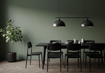 Interior of a dining room with black chairs, table, lamps, plant and green wall in a modern style