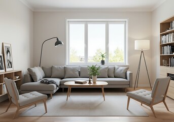 A light filled living room featuring a gray sectional sofa and two chairs with a bookshelf nearby