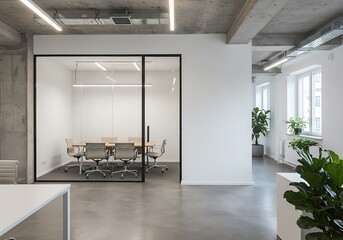 View of conference room with glass walls in a modern office interior with plants and white walls