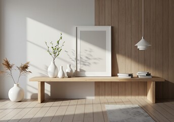 Fototapeta premium Interior scene with wooden bench, vases, frame, books and light fixture in a minimalist style