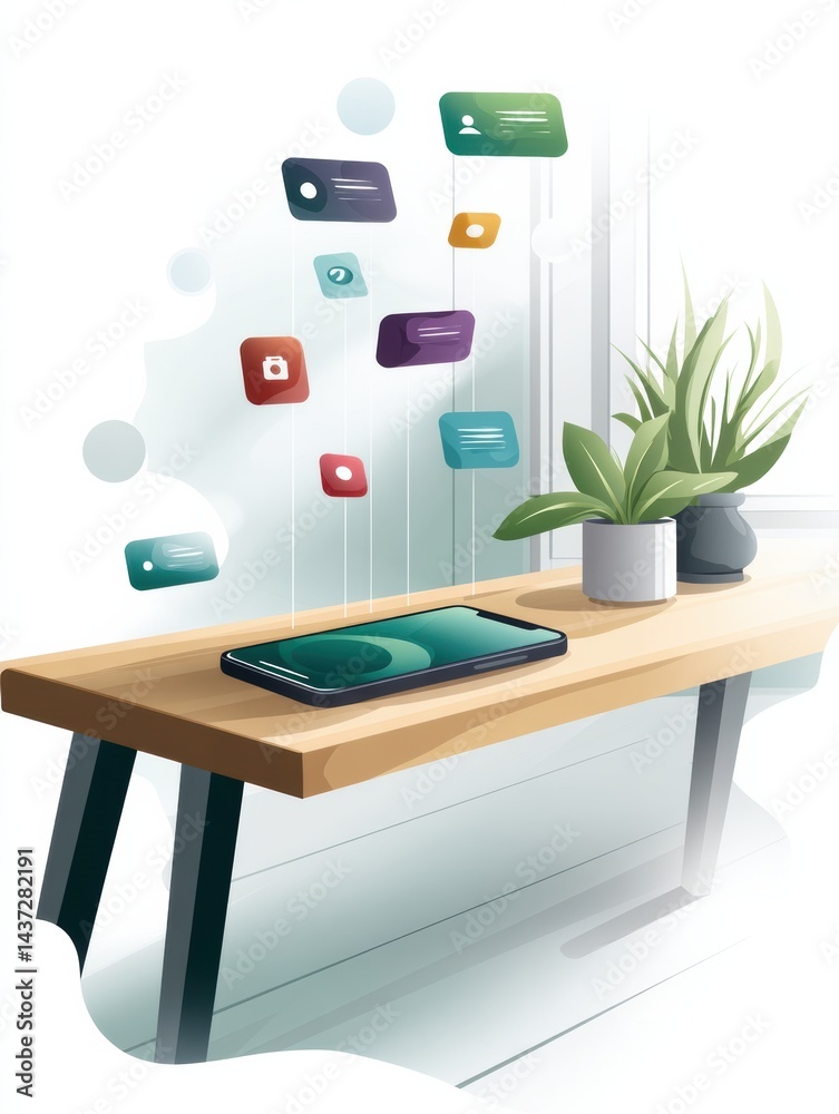 Leinwandbilder smartphone on wooden table with colorful notifications floating above it in a bright indoor setting