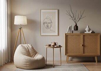 A cozy interior featuring a beanbag chair lamp artwork cabinet and a small round table setting tea