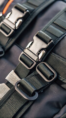 Close up of travel backpack buckles showcasing durable materials and functional design, perfect for outdoor adventures