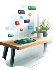 Smartphone on Wooden Table With Colorful Notifications Floating Above It in a Bright Indoor Setting