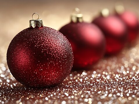 Four deep red, textured Christmas ornaments on glitter