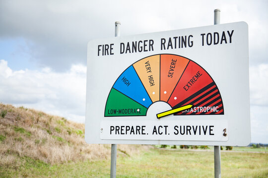 Fire danger rating sign on highest indication, catastrophic