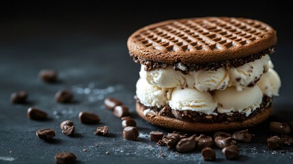 Delicious ice cream sandwich with chocolate waffles and coffee beans