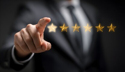 Businessman give 5 stars rating on virtual touch screen to service experience. Customer service and Satisfaction concept