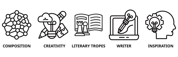 Creative writing icon set illustration contain composition, creativity, literary tropes, writer and inspiration.