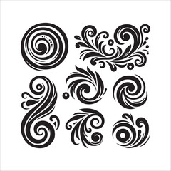 Decorative swirl and spiral vector silhouette set