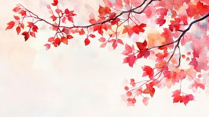Fototapeta premium Watercolor backdrop of red autumn leaves with soft copy space, seasonal tones and brush texture