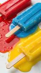 Colorful popsicles melting on surface, creating vibrant mix of flavors and textures, evoking sense of summer joy
