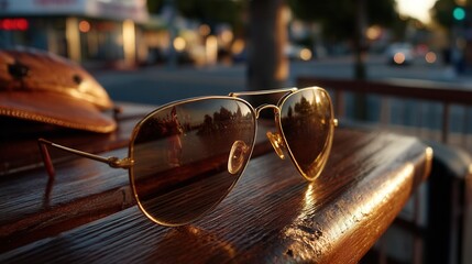 Relaxed aviator sunglasses resting on wooden bench at sunset