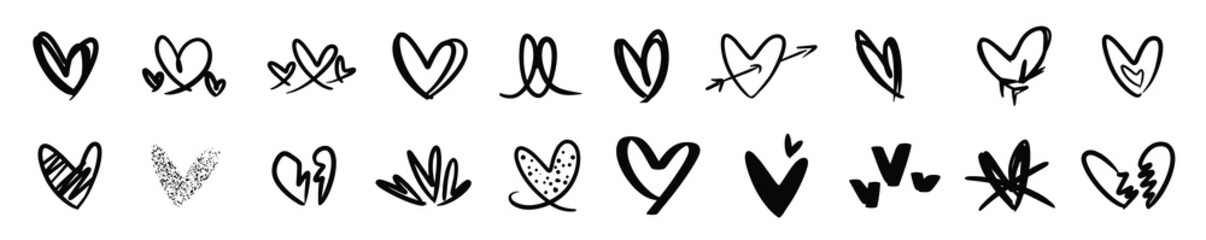 Doodle hearts sketch set. Various different hand drawn heart icon love collection isolated on white background.