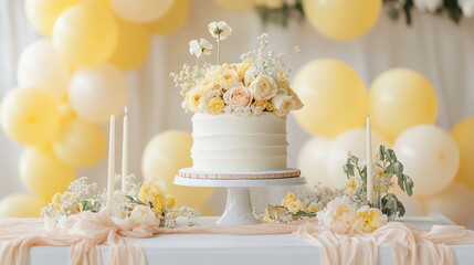 Elegant white and yellow party decoration balloons and floral arrangements for a festive celebration ideal for weddings birthdays and special occasions