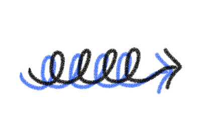 手書きの青い矢印・スパイラル風で柔らかなデザインの矢印イラスト  （クレヨン風）
