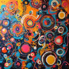 Naklejka premium Abstract composition with bold, vibrant shapes and dynamic lines in a kaleidoscope of colors, creating energetic movement and visual excitement.