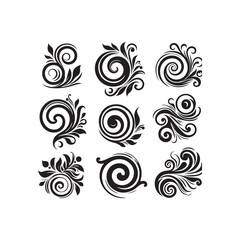 Decorative swirl and spiral vector silhouette set