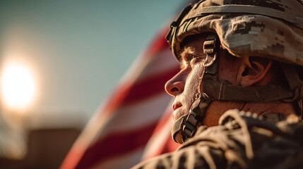 A close view of a soldier in uniform with an American flag in the background. 