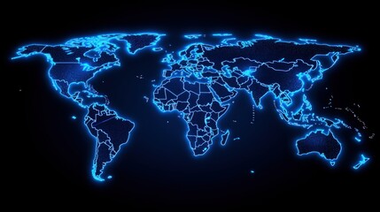 World illuminated Glowing blue map of continents on black visualizing global connections