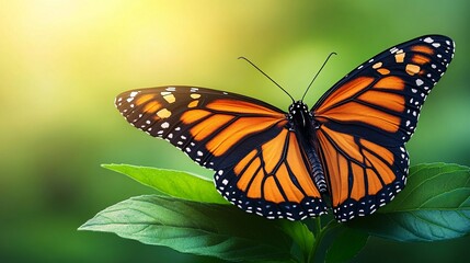 Monarch Butterfly on Green Leaf in Sunlight Nature Wildlife