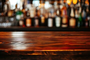 Wooden bar top with blurred background of liquor bottles (1)