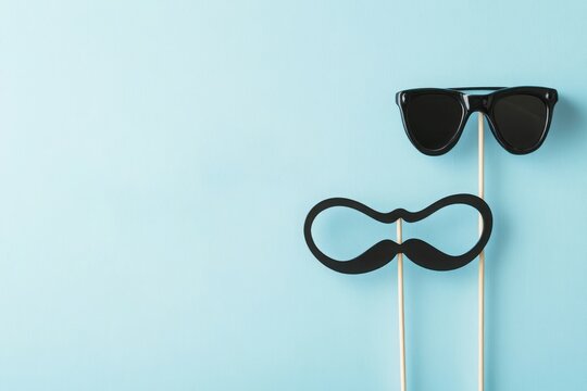 Cool party props photo booth backdrop sunglasses and mustache on light blue background for fun events